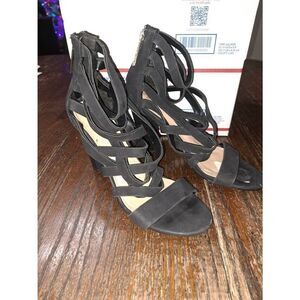 8.5 Breckelle Morgan Black Rear Zip Chunky Heel Open Toe Strappy High Heel Shoes